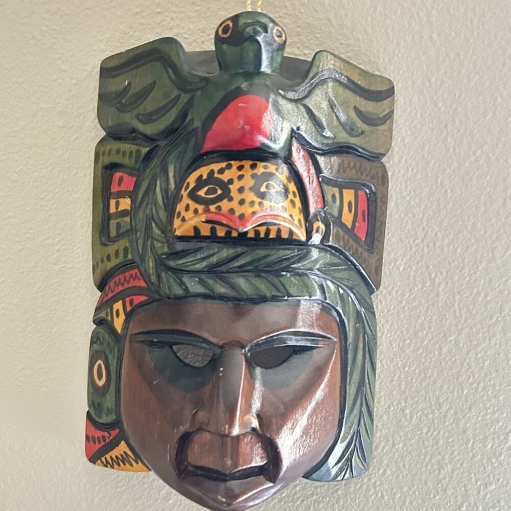 Vintage Belize Hand Carved Wood Mask Mayan Aztec Folk Art Wall Hanging